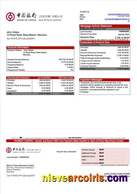 Mauritius Bank of China (Mauritius) Limited mortgage statement Word and PDF template